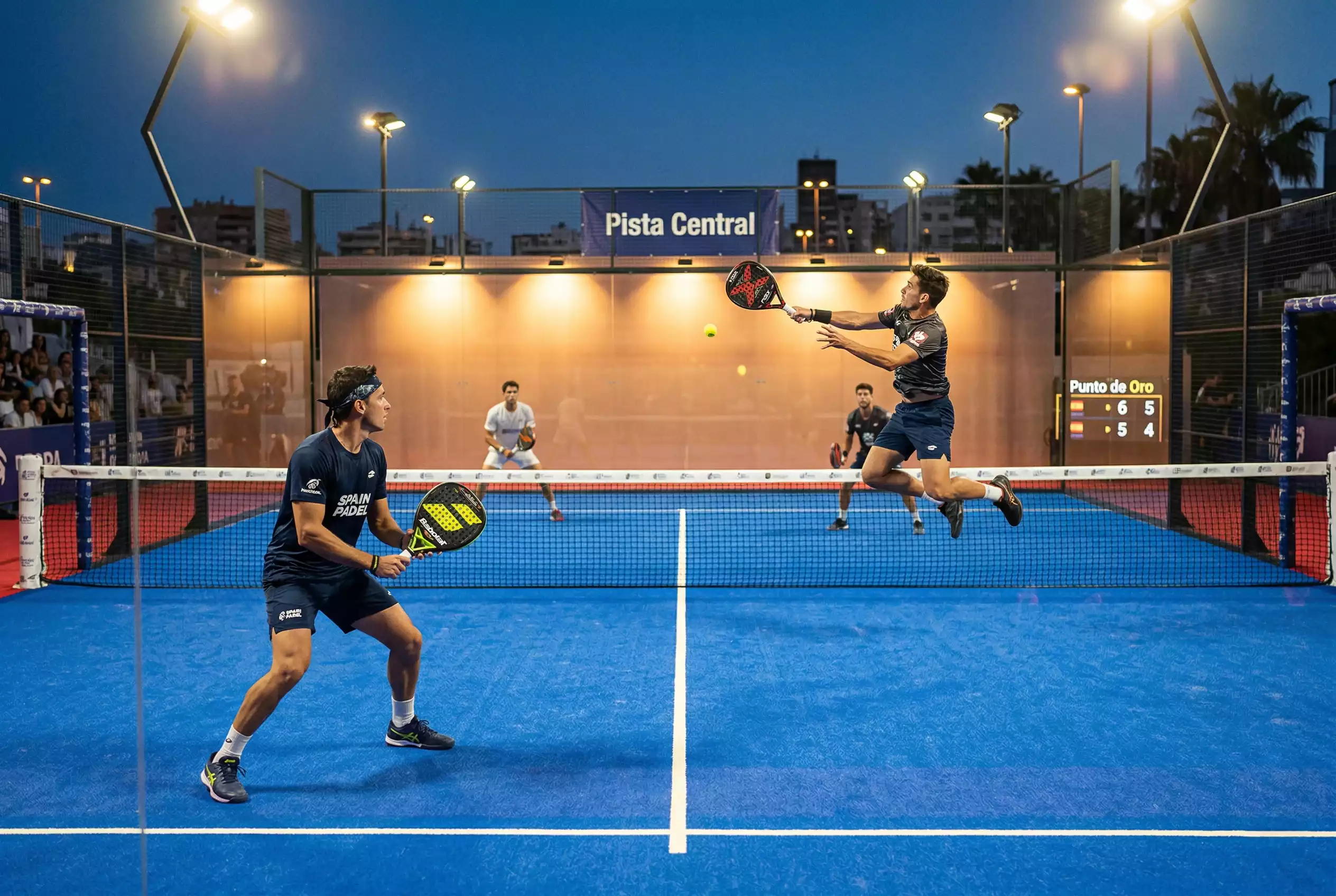 Jugadores de pádel disputando un punto en un torneo Premier Padel con público en las gradas