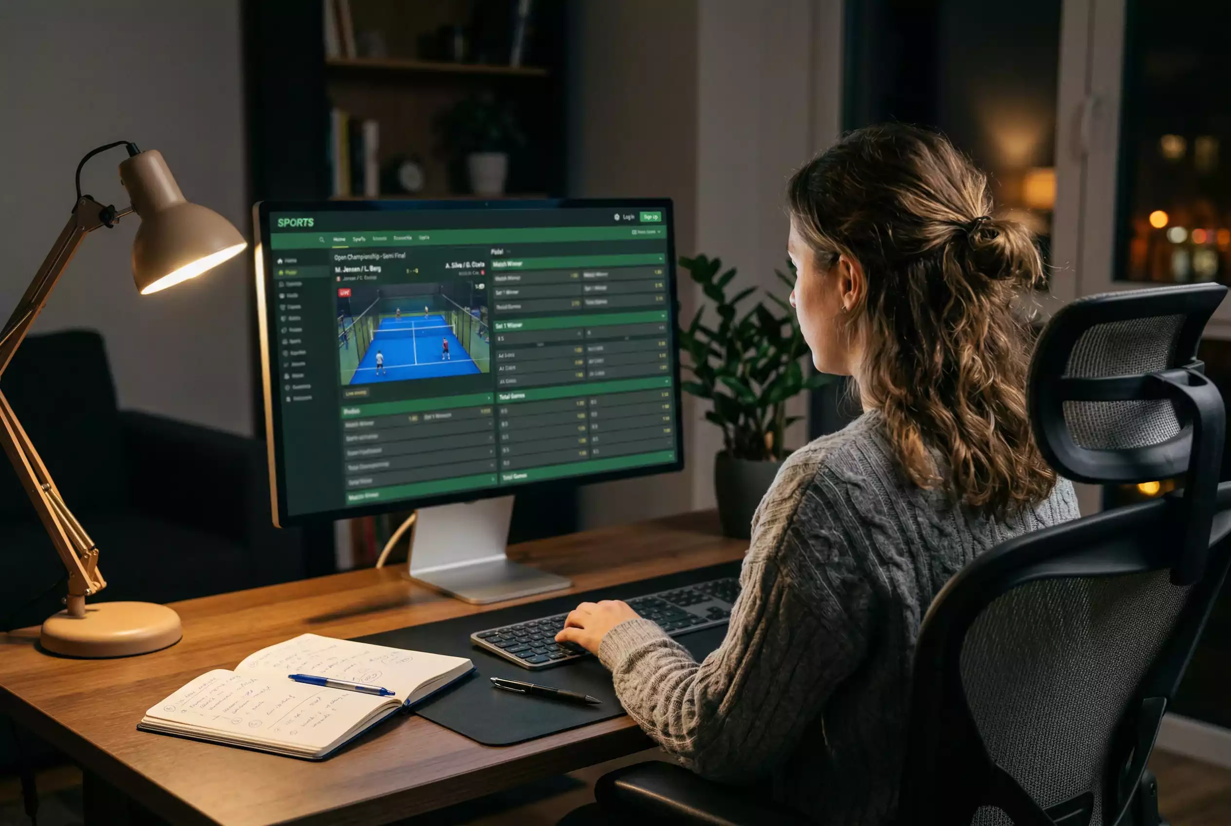 Apostador analizando cuotas de pádel en una pantalla de ordenador con datos de operadores